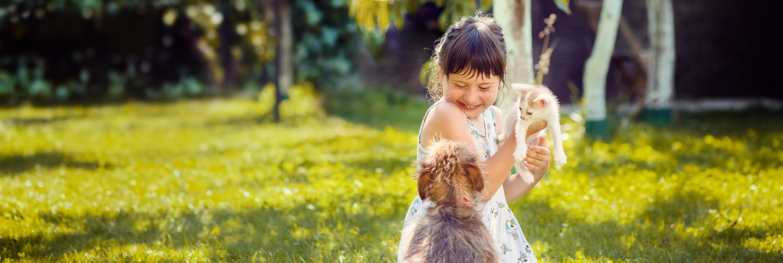 little girl happy outside holding kitten with dog