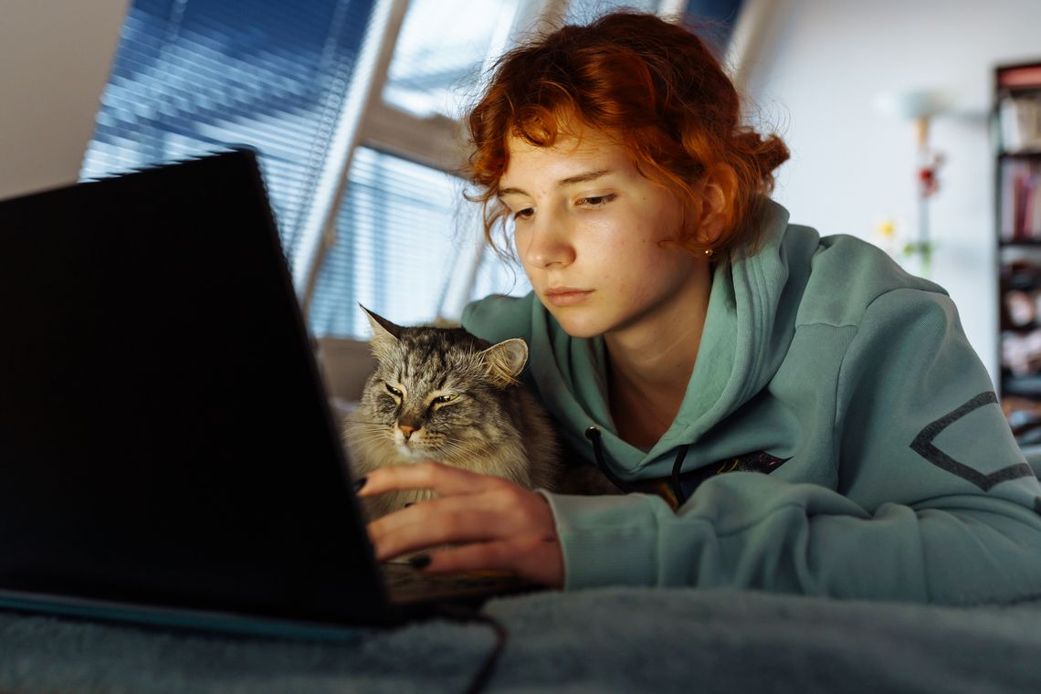 girl with cat looking at laptop