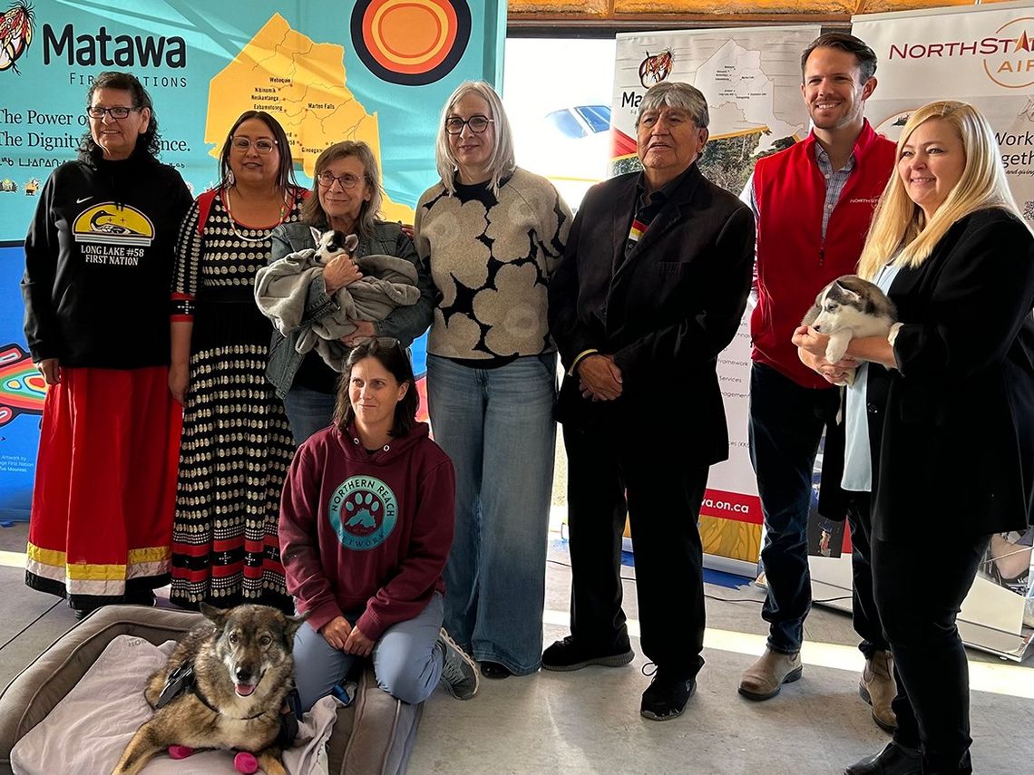 Image: (left-right): Connie Abraham - Elder Long Lake #58 First Nation; Carol Audet - Matawa Communications Manager; Nikki Gauthier Burns - Animals North Collective; Erin Manahan - Northern Reach Network; Patty Hajdu - Minister of Indigenous Services Canada; David Paul Achneepineskum - CEO of Matawa First Nations Management; Jeff Stout - President/CEO North Star Air; Judi Cannon - Matawa Animal Services Project Coordinator. They came together to celebrate the success of Matawa’s Animal Services Pilot Project which is fostering safer communities for both animals and humans.